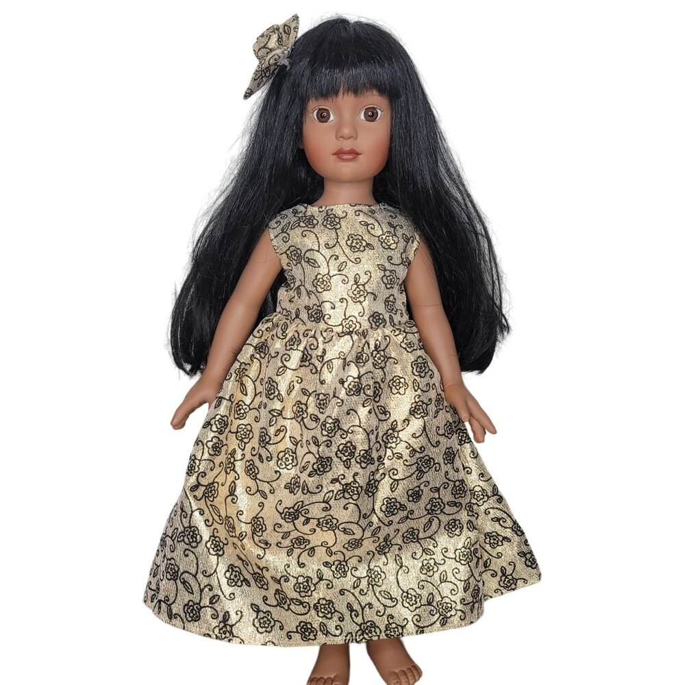 Black Hair Doll W/ Golden Floral Dress & Hair Clip 18"